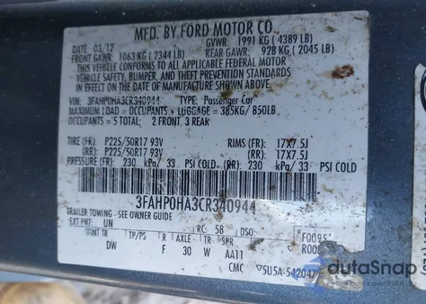 2012 Ford Fusion Se from USA, damaged, VIN 3FAHP0HA3CR340944